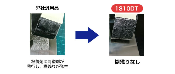 弊社汎用品：粘着剤に可塑剤が移行し、糊残りが発生→1310DT：糊残り無し